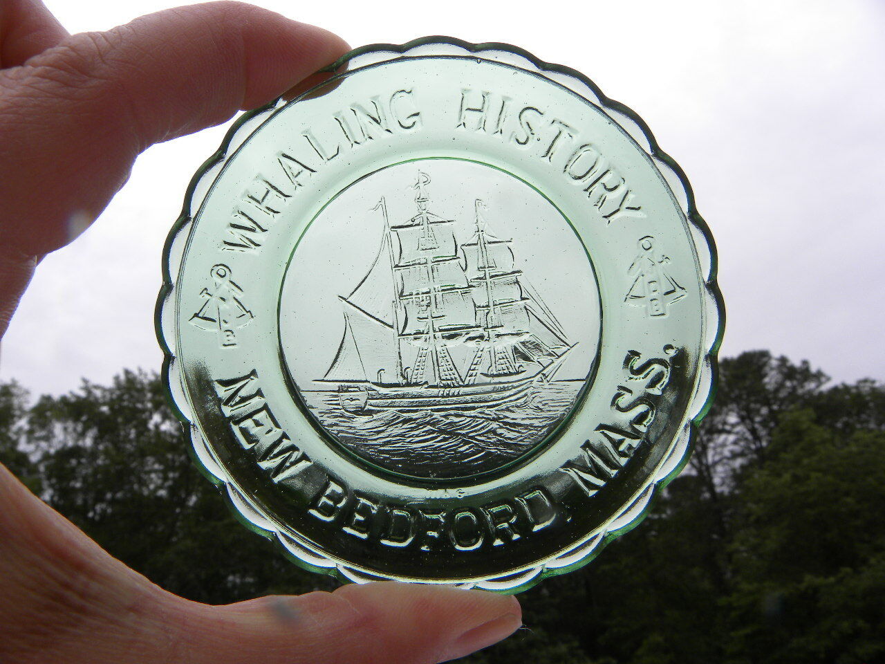 Millville Art Glass MAG Whaling History New Bedford MA Ship Green Glas Cup Plate