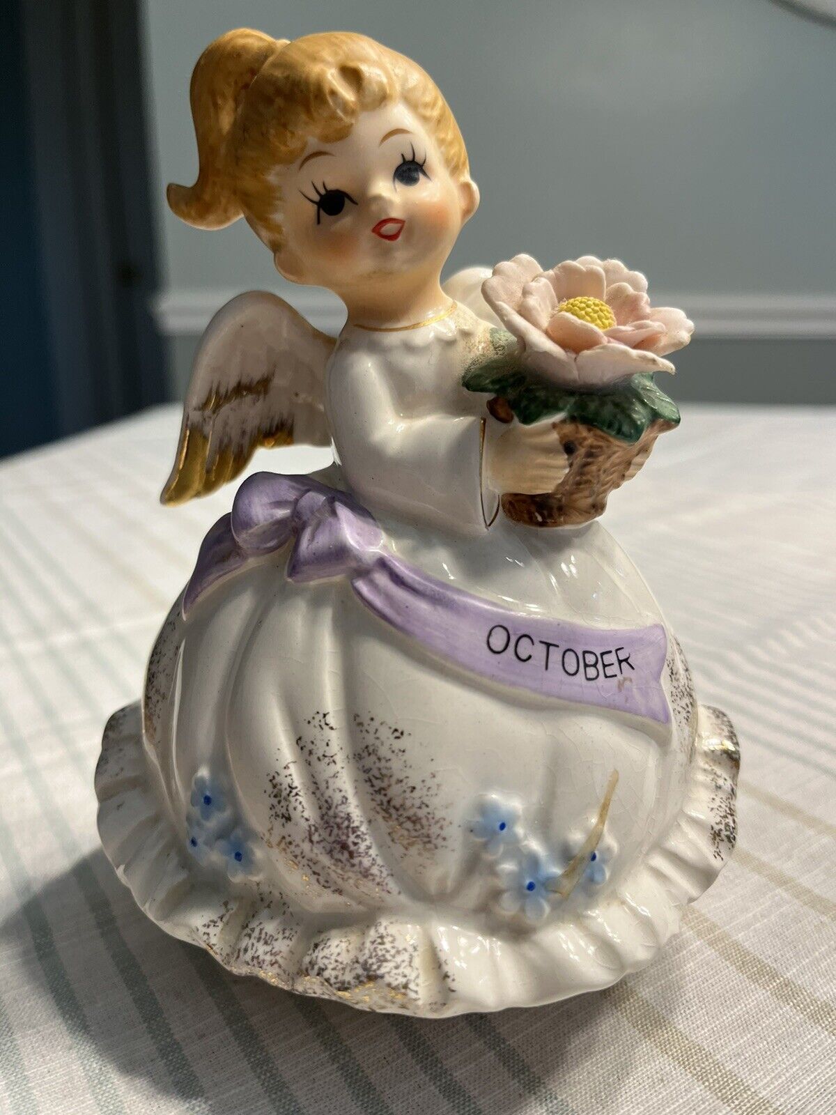 Vtg 1960’s Japan Porcelain Ceramic “October” Girl Angel Figurine Music Box