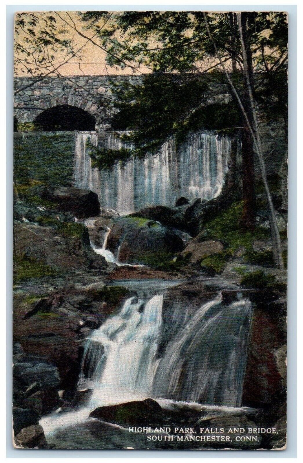 1915 Highland Park Falls Bridge South Manchester Connecticut CT Vintage Postcard