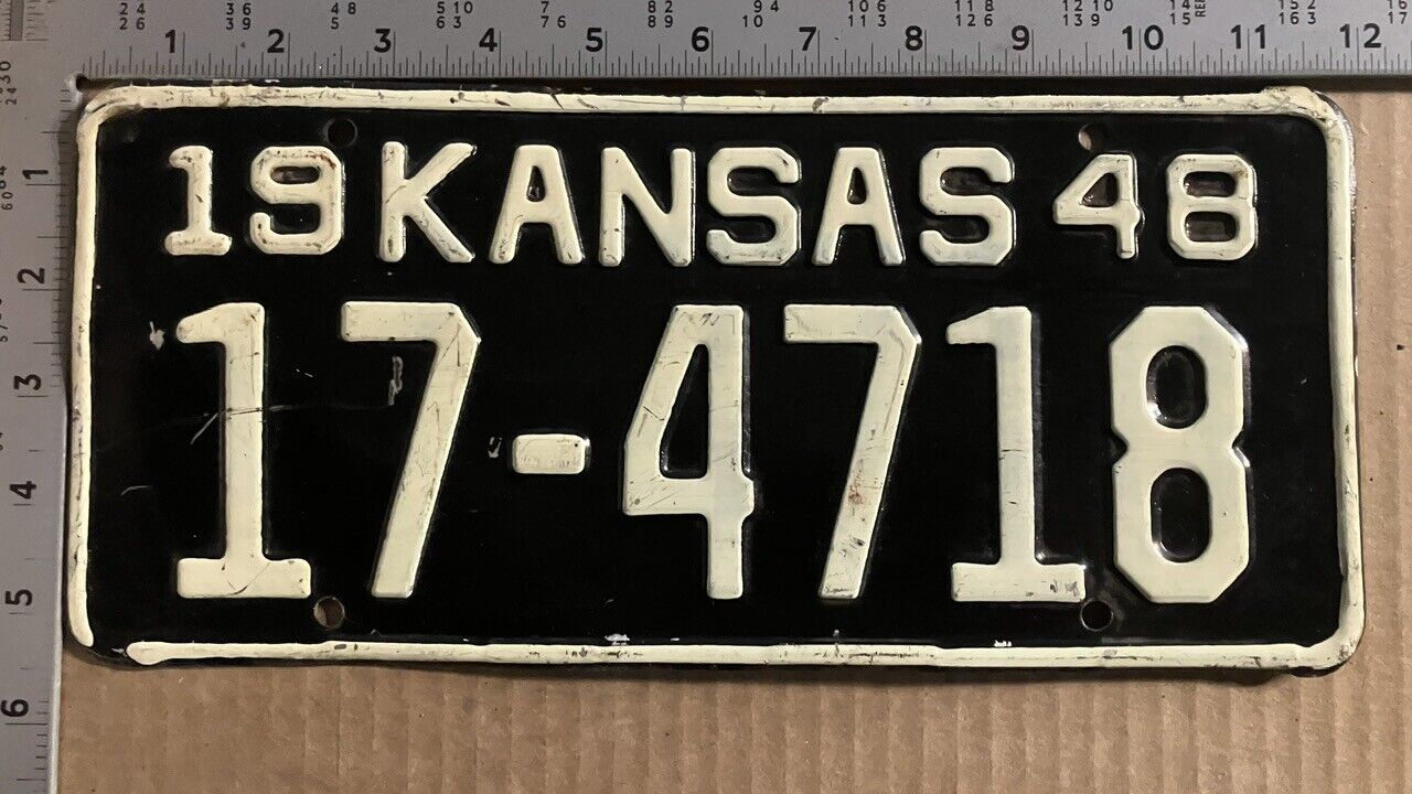 1948 Kansas license plate 17-4718 YOM DMV Bourbon very tough paint year 10886