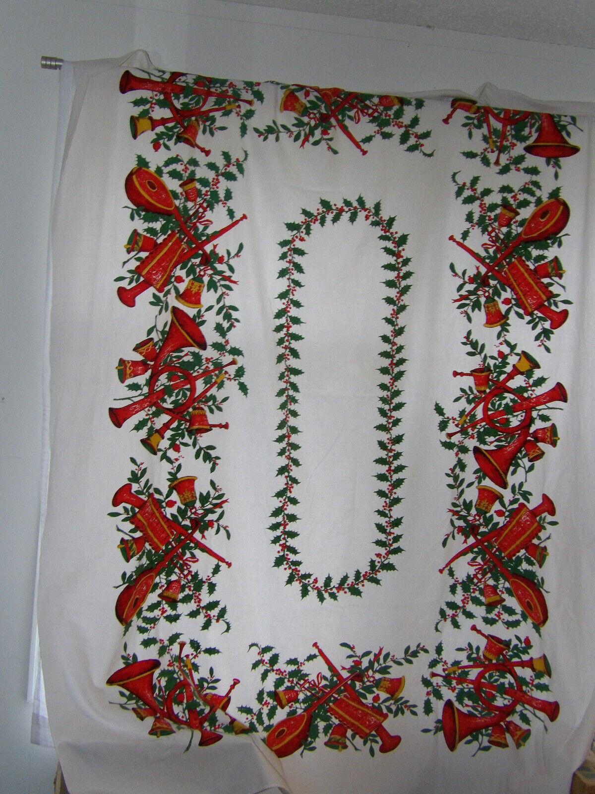 Vintage Printed Christmas Tablecloth Candles Bells Holly Horn 40x60