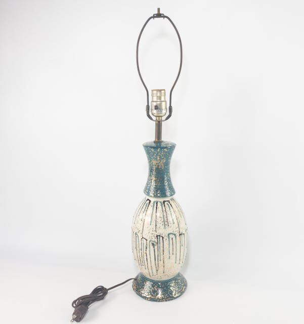 MCM Drip Glaze Ceramic Table Lamp, Teal, White, Gold, Black, 1950s, Neat