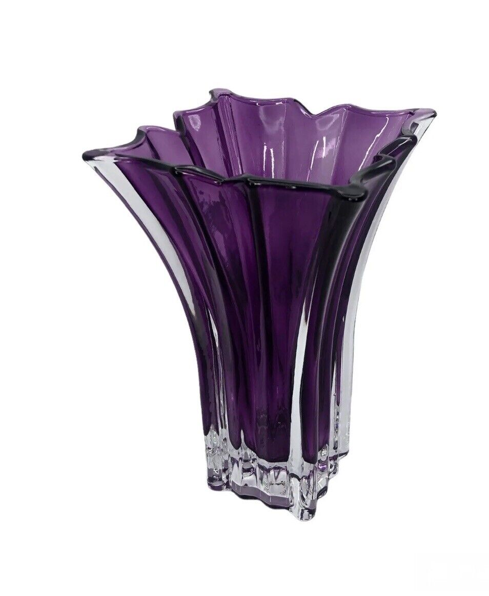 FDT Vera Wang Vase Ribbed Flare Amethyst  Purple Art Glass Flower Vase Heavy 7.5