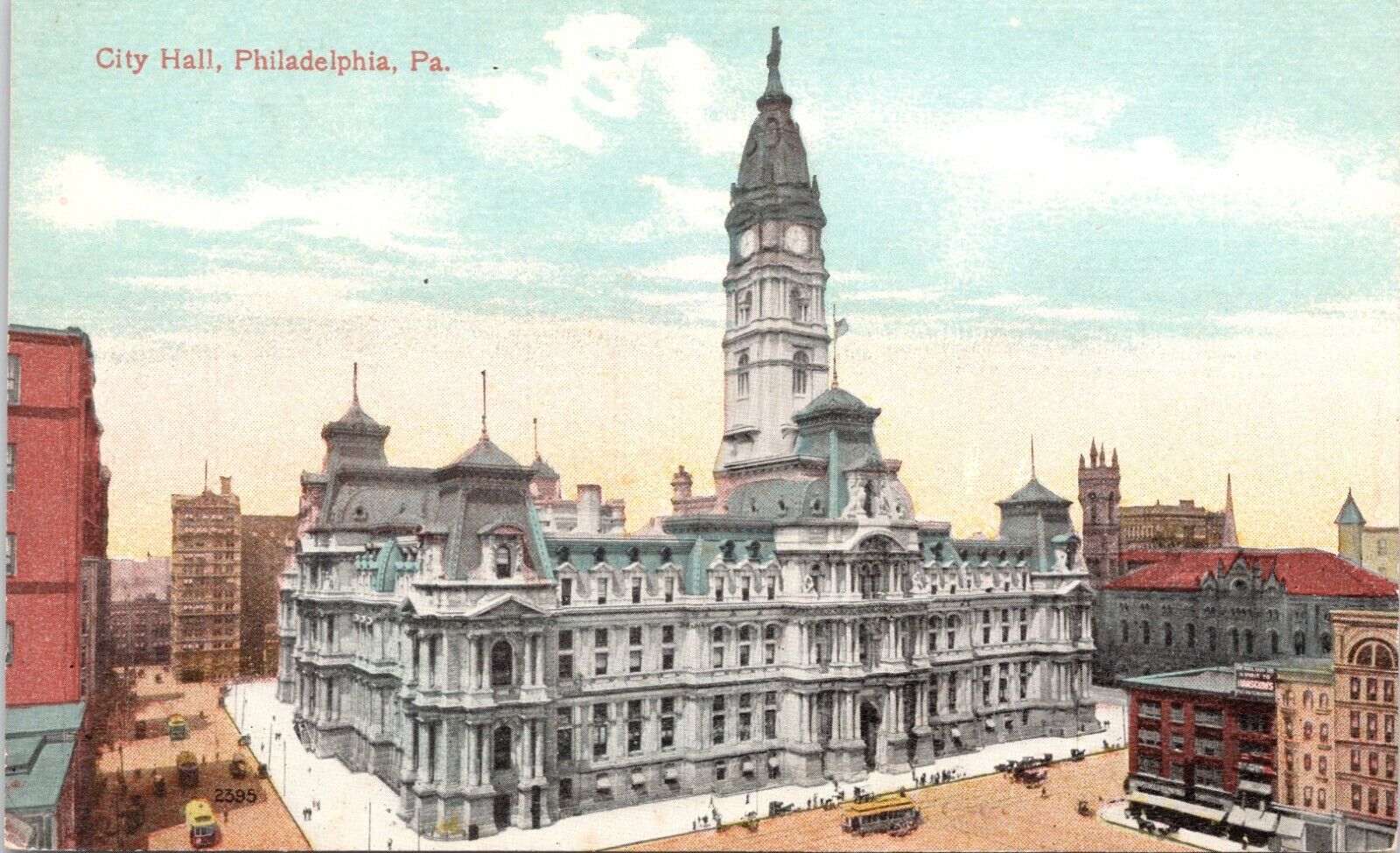 C.1910s Philadelphia PA City Hall Birds Eye Street View Trolley Postcard 132