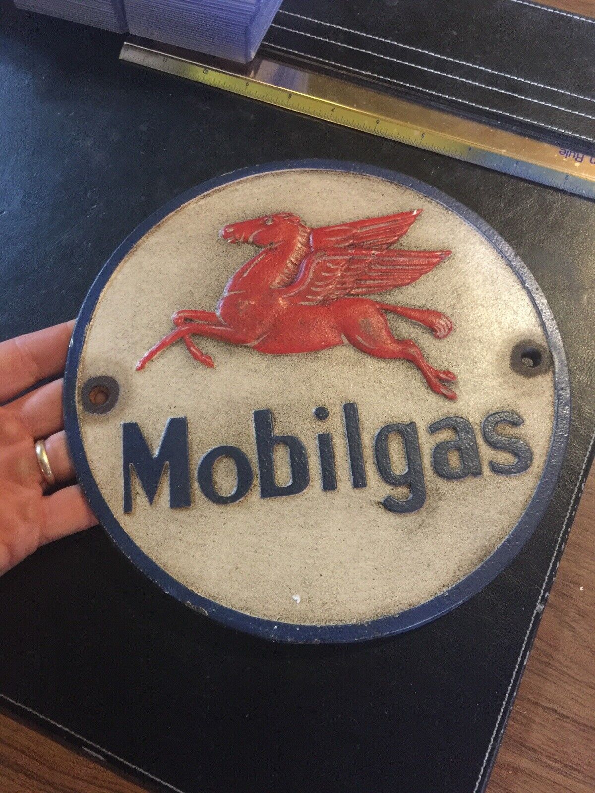 Mobil Oil Gas Cast Iron Sign Plaque Mechanic Auto Coal Collector Patina 3+ LBS