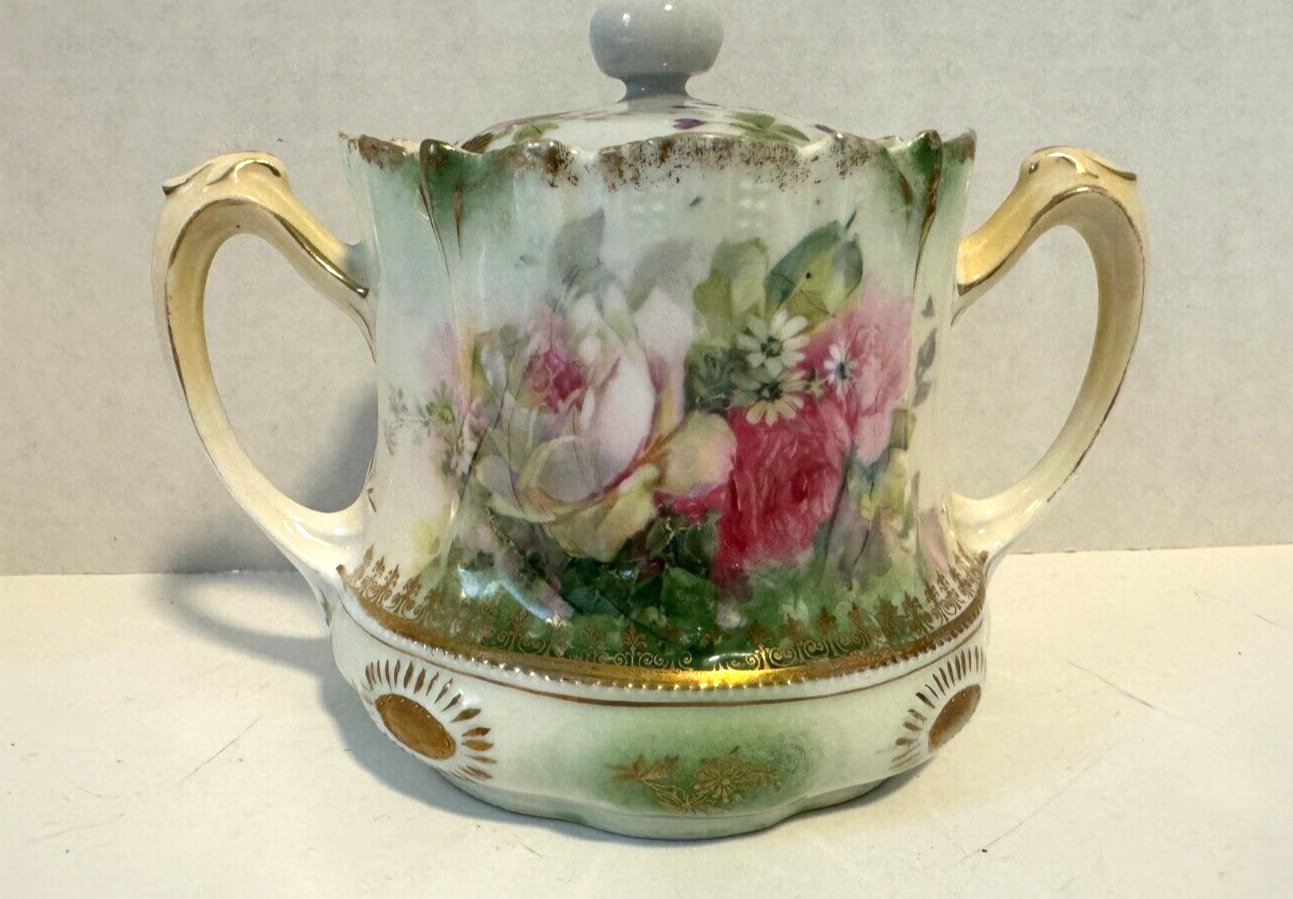 Antique RS Prussia Porcelain Rose Lidded Sugar Bowl with Handpainted Gold Detail