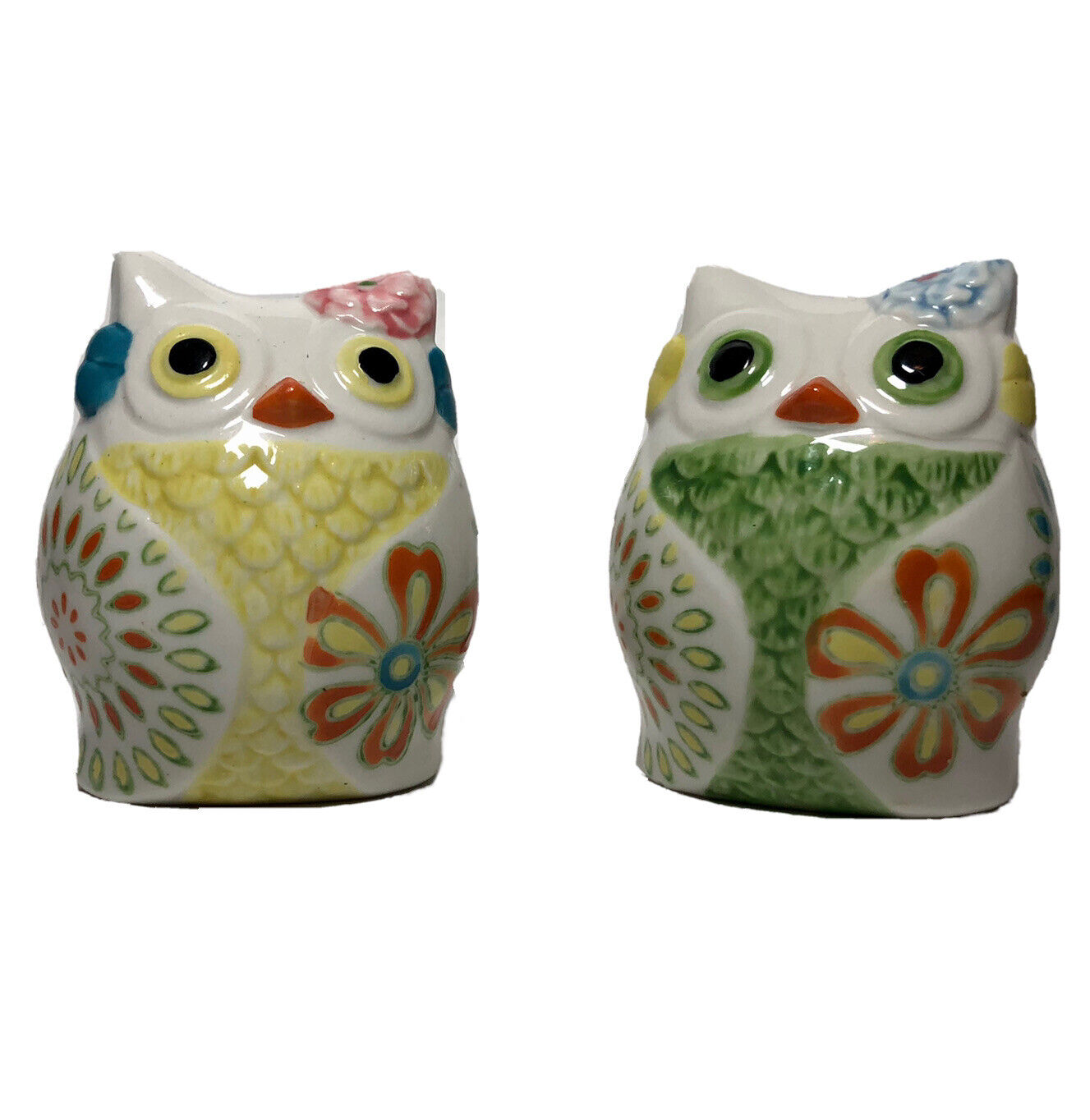 VTG Estate Pier 1 Imports Owl Salt & Pepper Shakers Pastel Floral BOHO Retro 3\