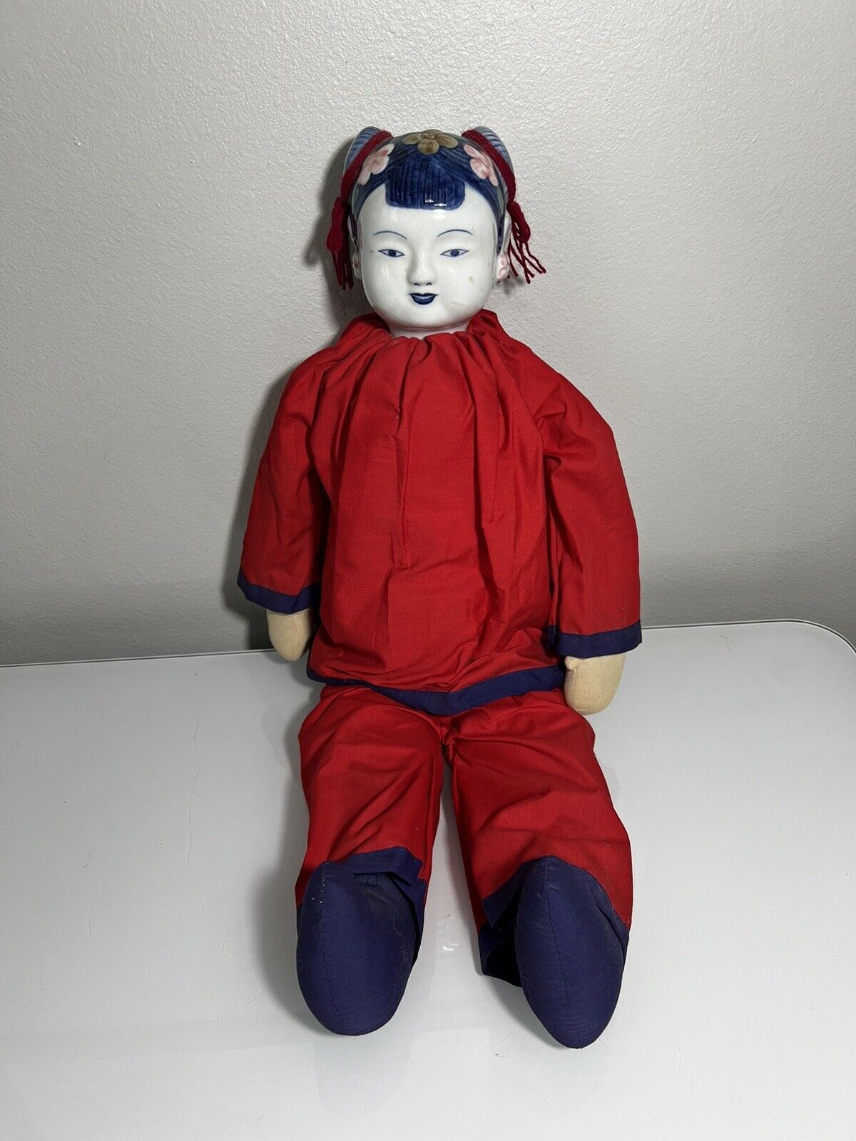 Vintage Large Traditional Chinese Asian Lady Porcelain Head Cloth Body Doll 25”