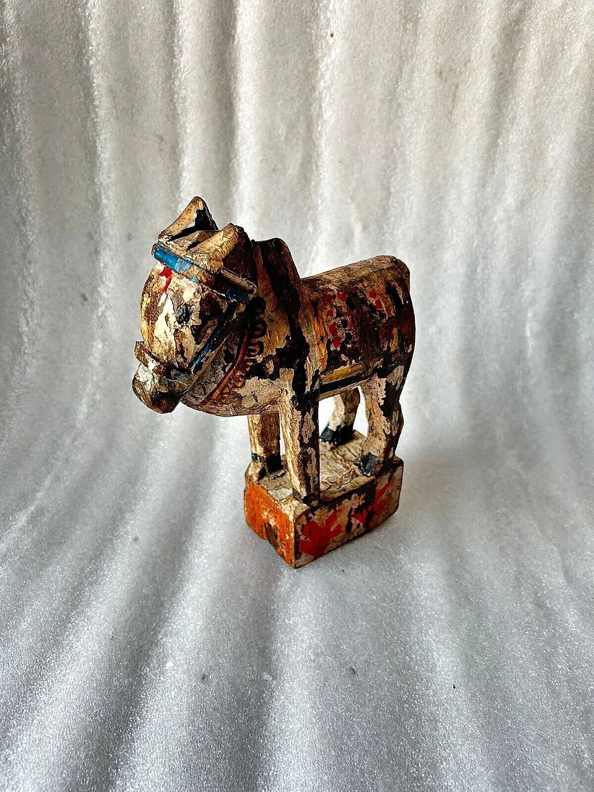 Antique Indian Hand Painted Wooden Nandi Cow Ox Old Hand Carved Statue Figure