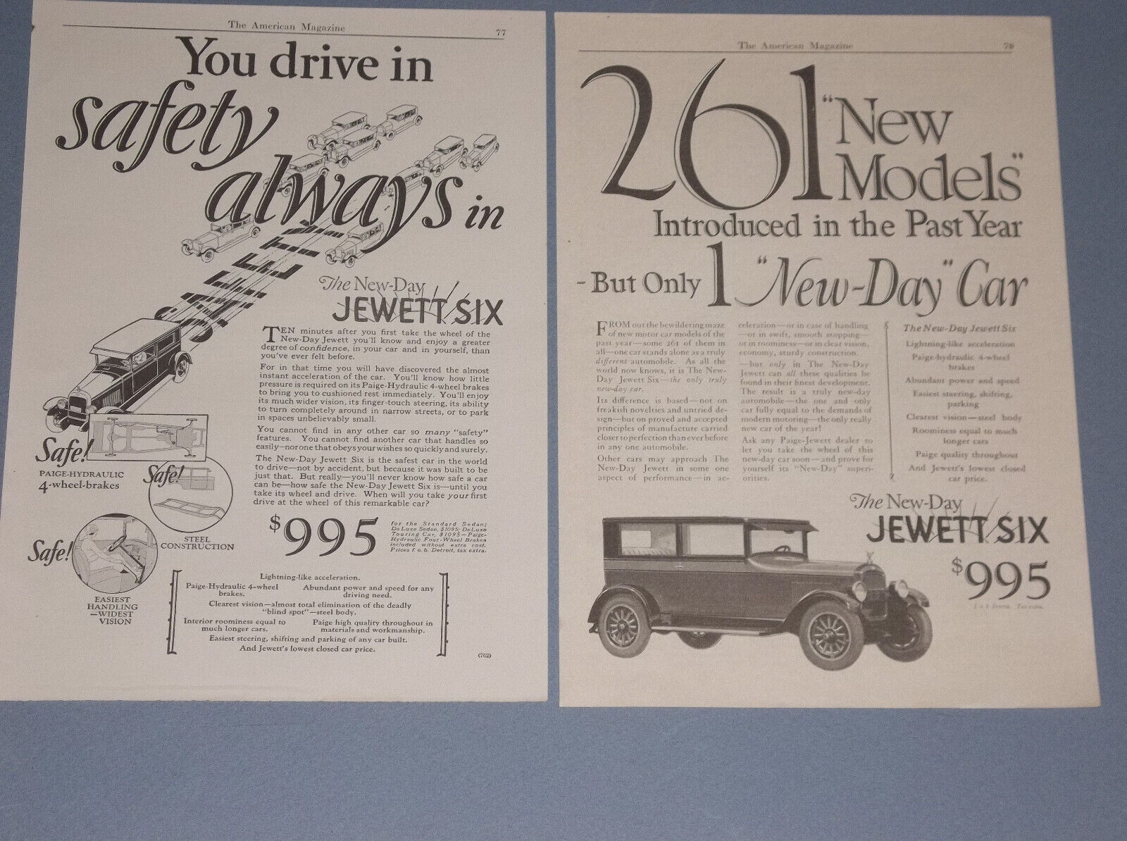 3 1926 NEW DAY JEWETT SIX AUTO ADS PAIGE-JEWETT MOTOR CAR COMPANY ADS
