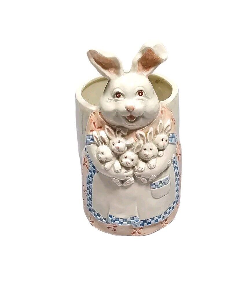 Fitz & Floyd Mother Bunny Rabbit & Baby Bunnies Ceramic Planter Utensil Holder