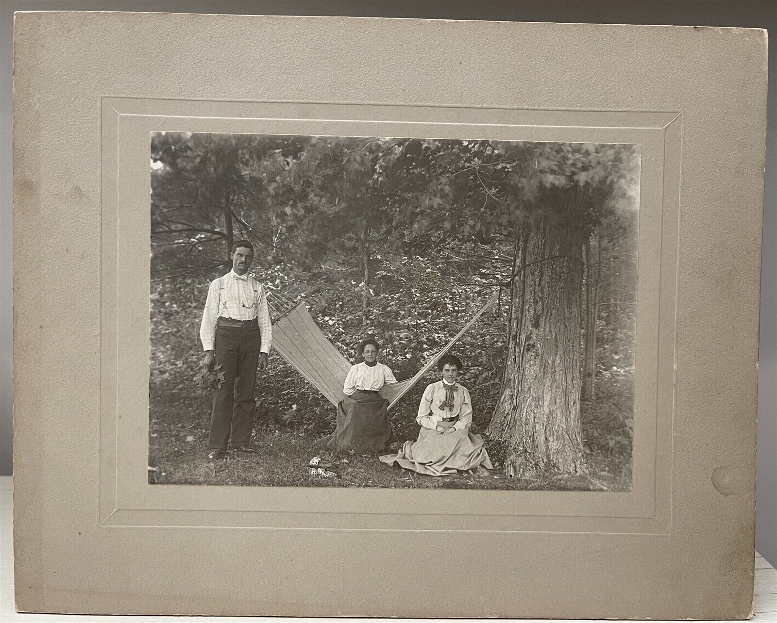 Antique Large Photograph Man, Two Ladies and Hammock Under A Tree