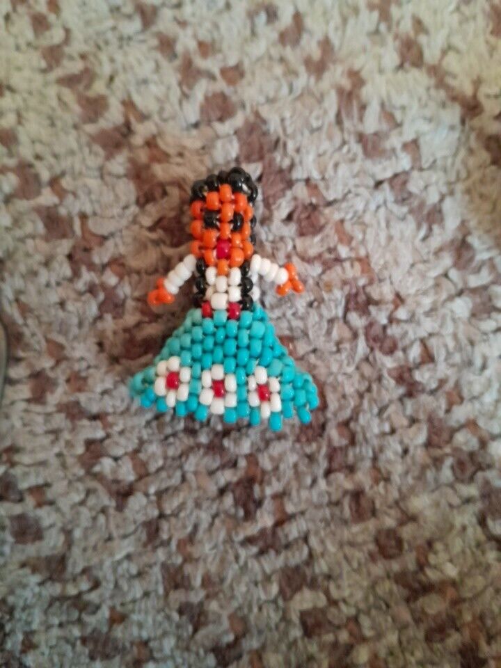 Vintage Handmade Native American Seed Bead Girl Woman Flowered Skirt Doll 