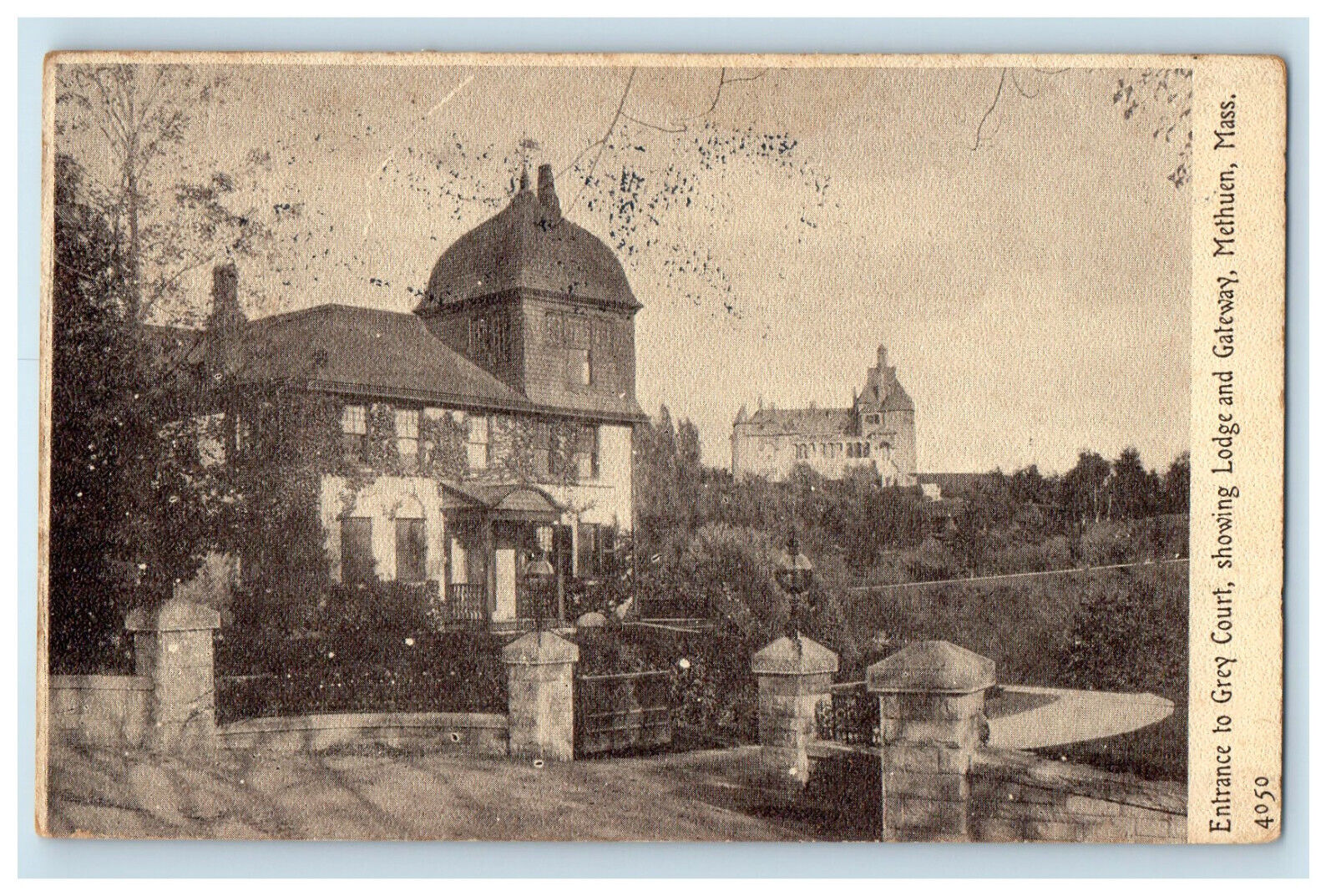 1909 Entrance to Grey Court Showing Lodge and Gateway Methuen MA Postcard