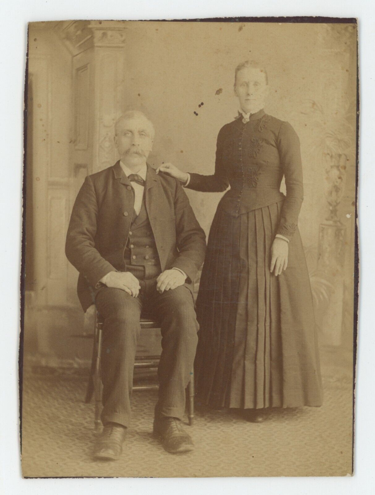 Antique Circa 1880s Trimmed Cabinet Card Older Couple Posing Together in Studio