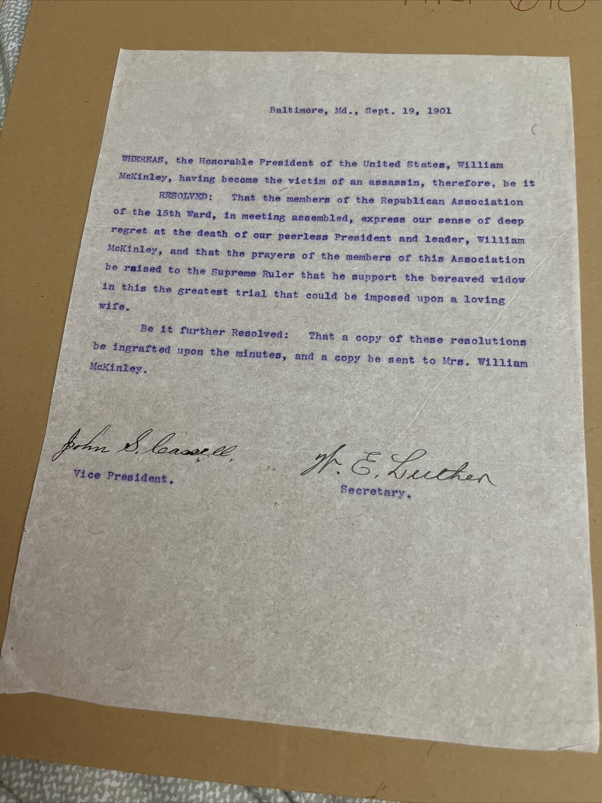 1901 Republican Assoc Ward Baltimore MD Letter President McKinley Assassination