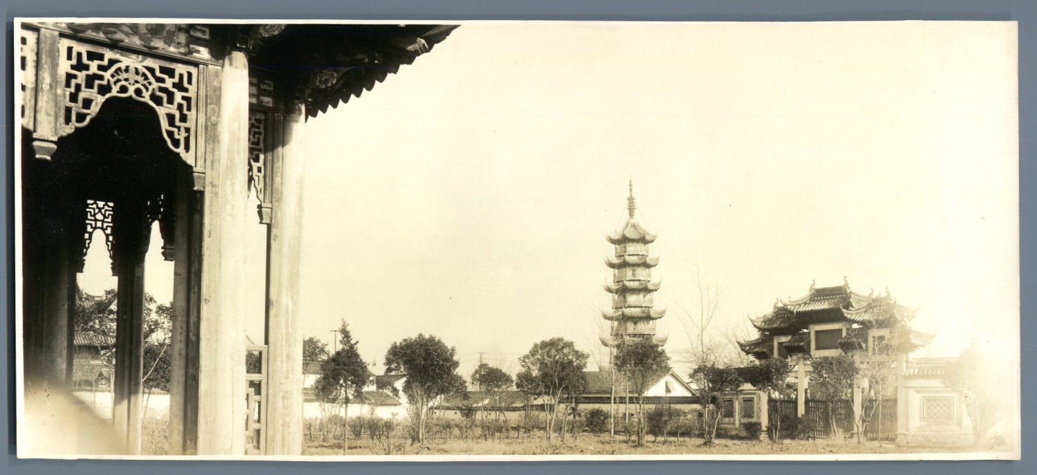 Panoramic view of Shanghai, Lung Wha Pagoda Vintage Silver Print. China Tirg