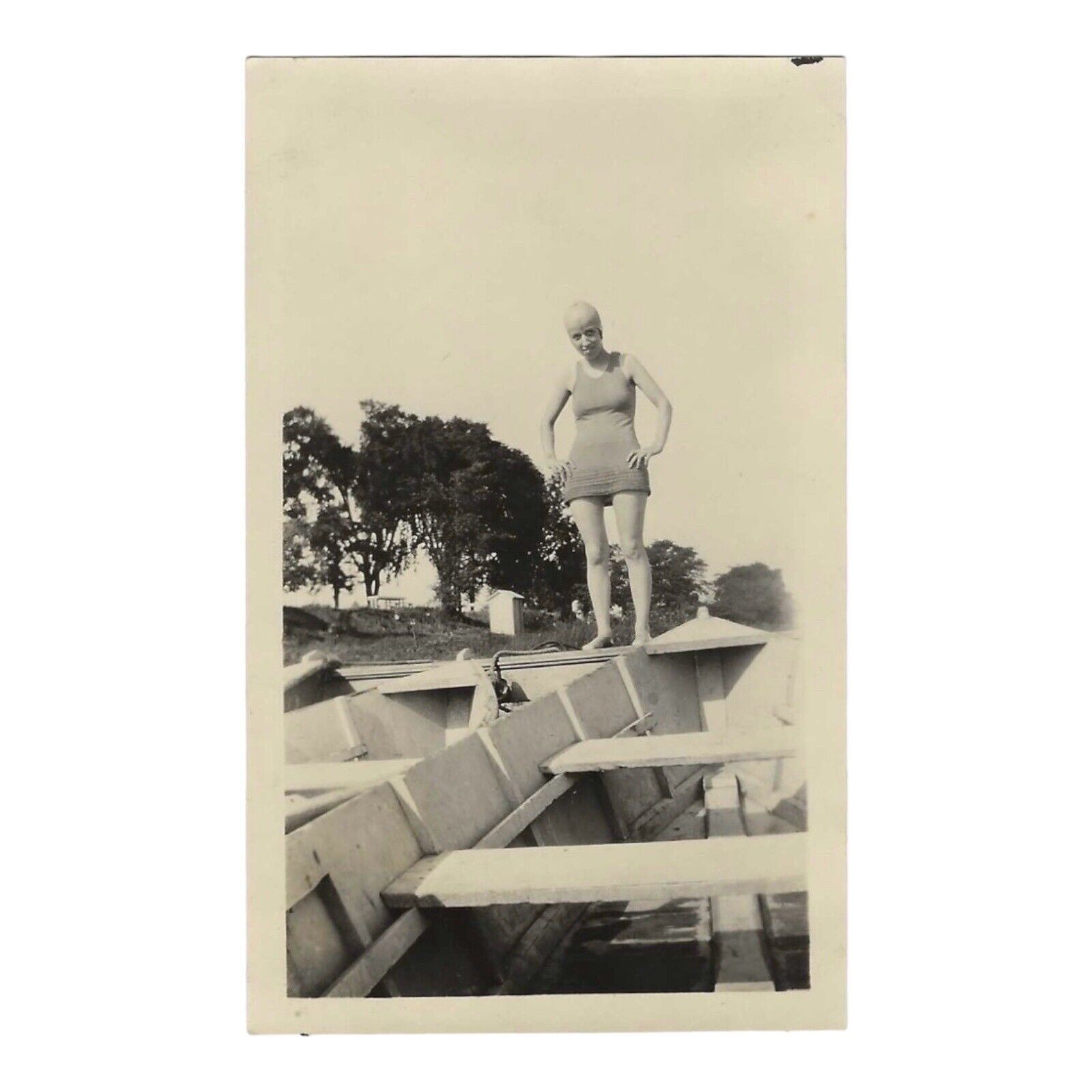 Vintage Snapshot Photo 1920s Woman Hands On Hips Bathing Suit Standing On Boat