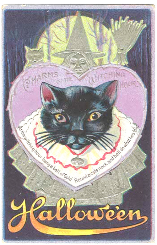 VINTAGE HALLOWEEN POSTCARD - CHARMS OF THE WITCHING HOUR   LARGE CAT