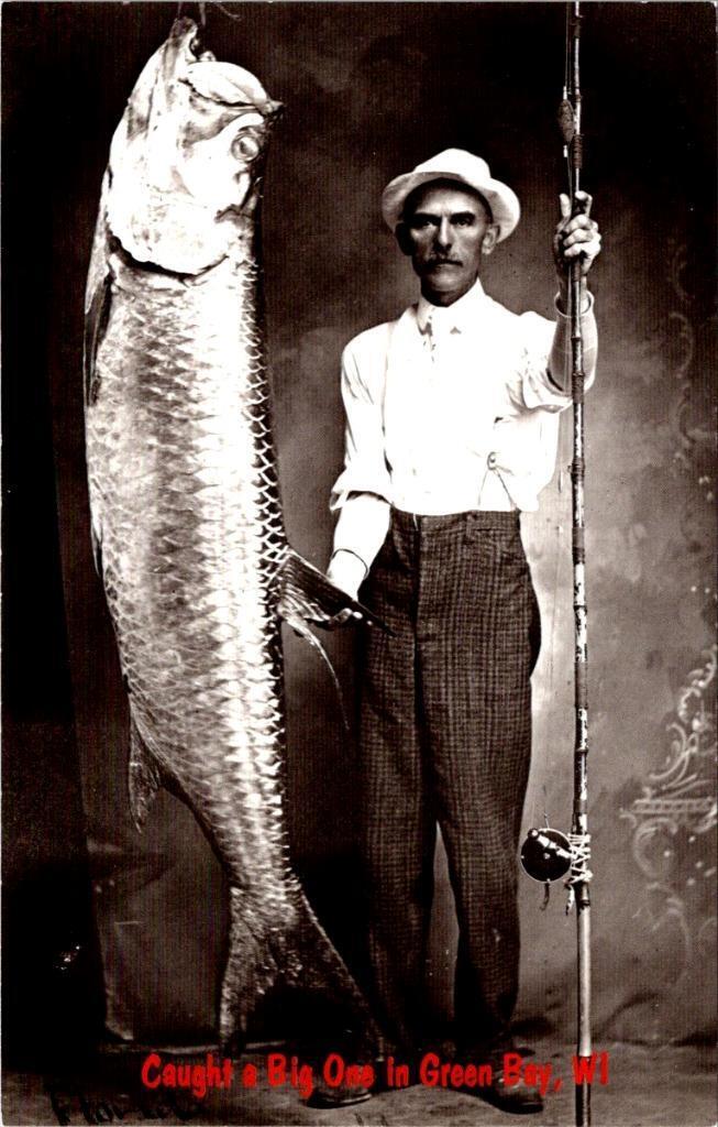Reproduction GREEN BAY, WI Wisconsin MAN & HUGE FISH Caught Big One 4X6 Postcard