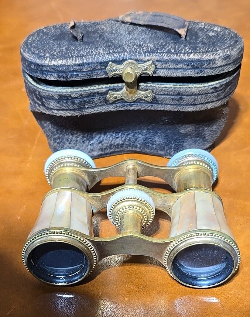 Antique Marchand Paris Brass and Mother of Pearl French Opera Glasses Binoculars