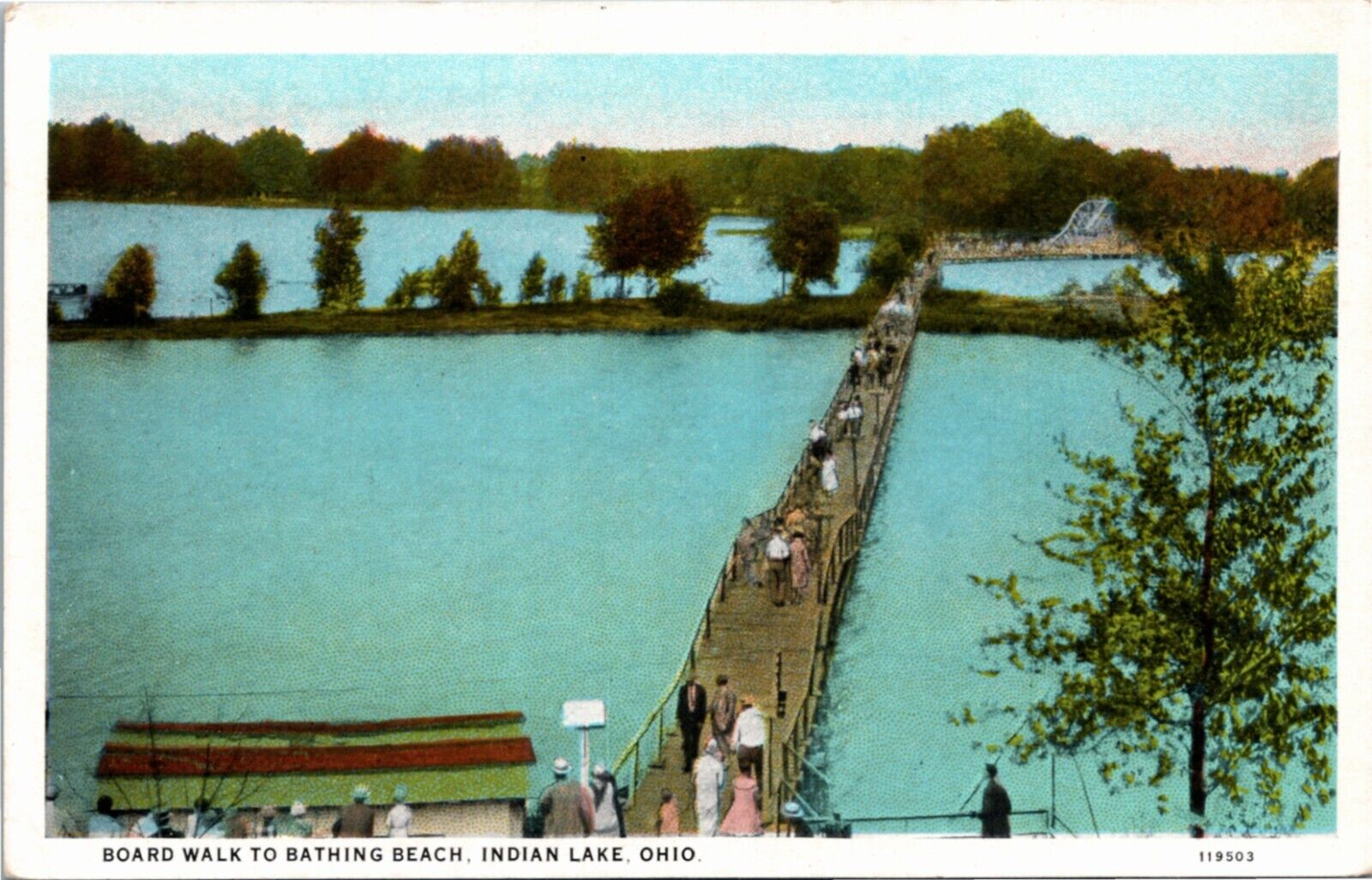 Postcard OH Logan County Indian Lake Board Walk to Bathing Beach 1920s B4