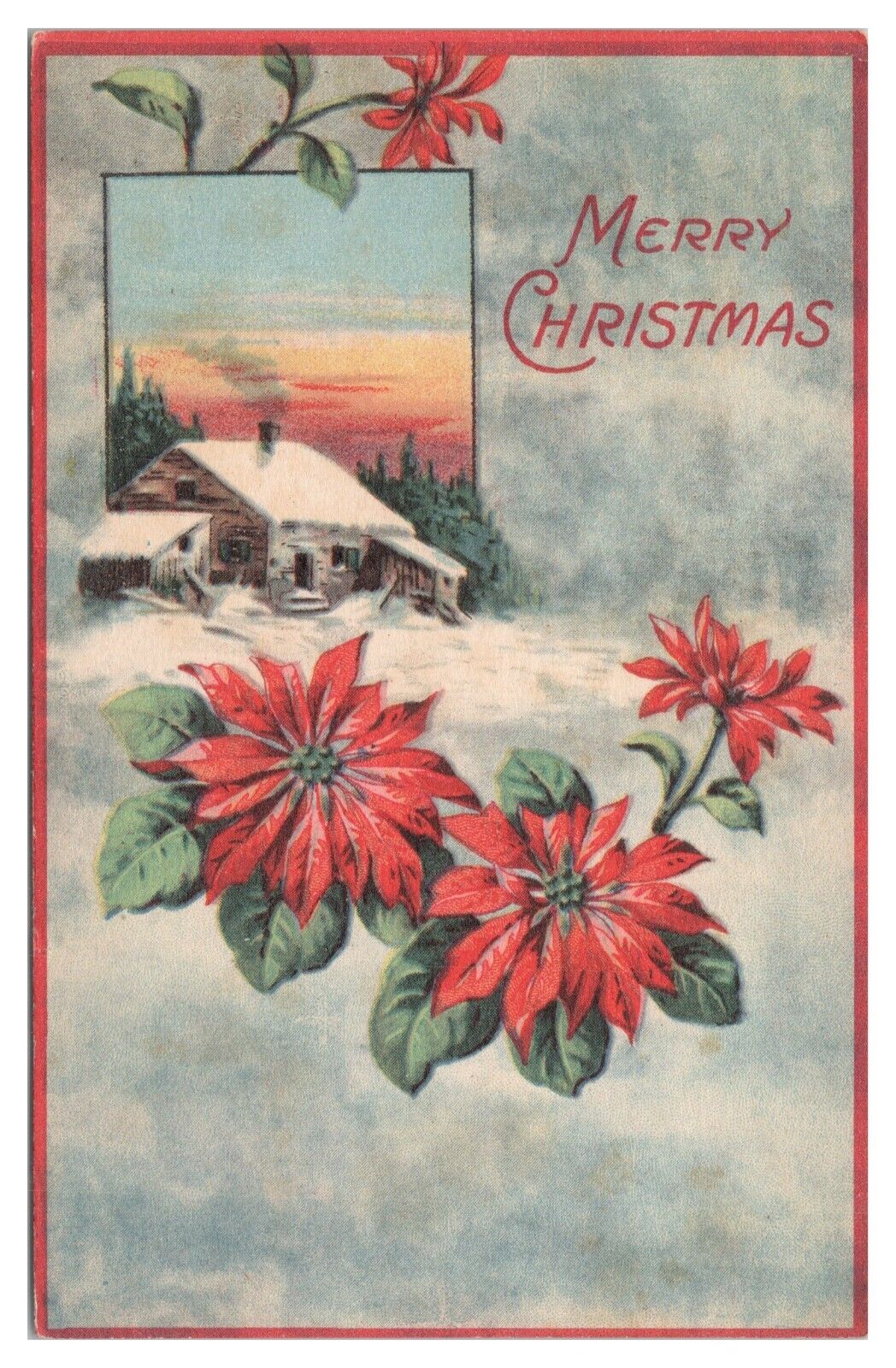 Vintage 1919 Merry Christmas Postcard Snowy Outdoor Scene Poinsettias