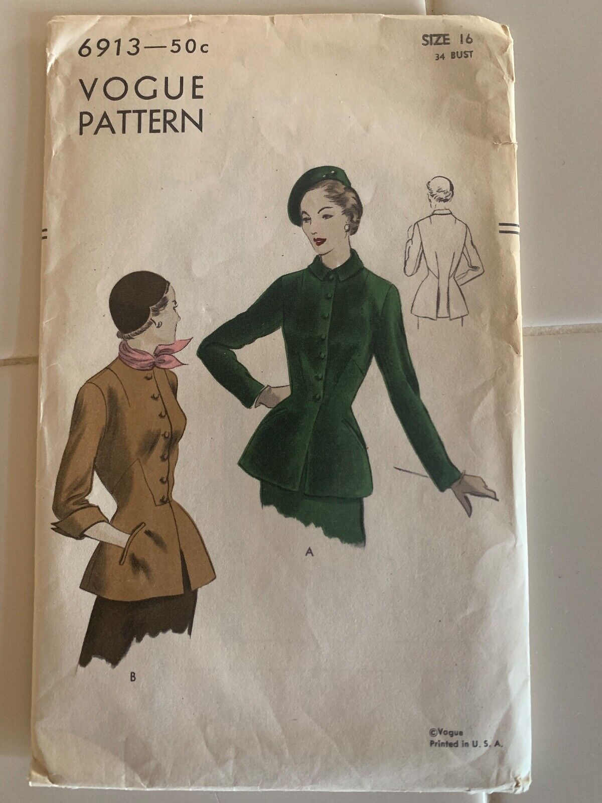 Vintage 1940-50s Vogue Sewing Pattern 6913- NICE- Size 16