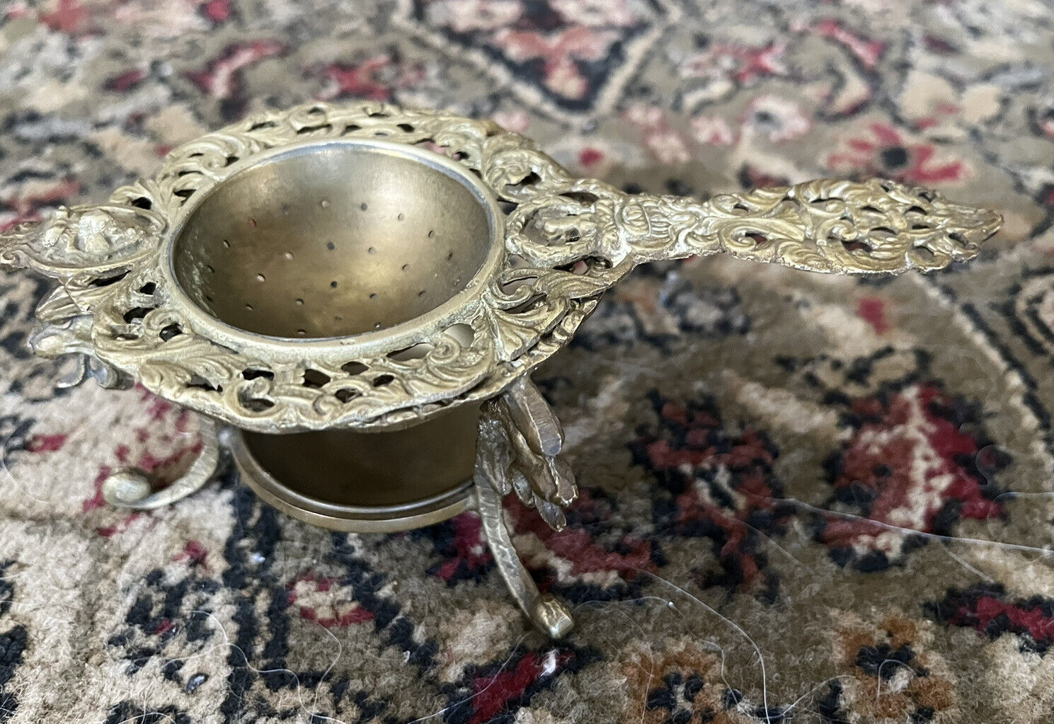 Antique European Brass Tea Strainer with stand 