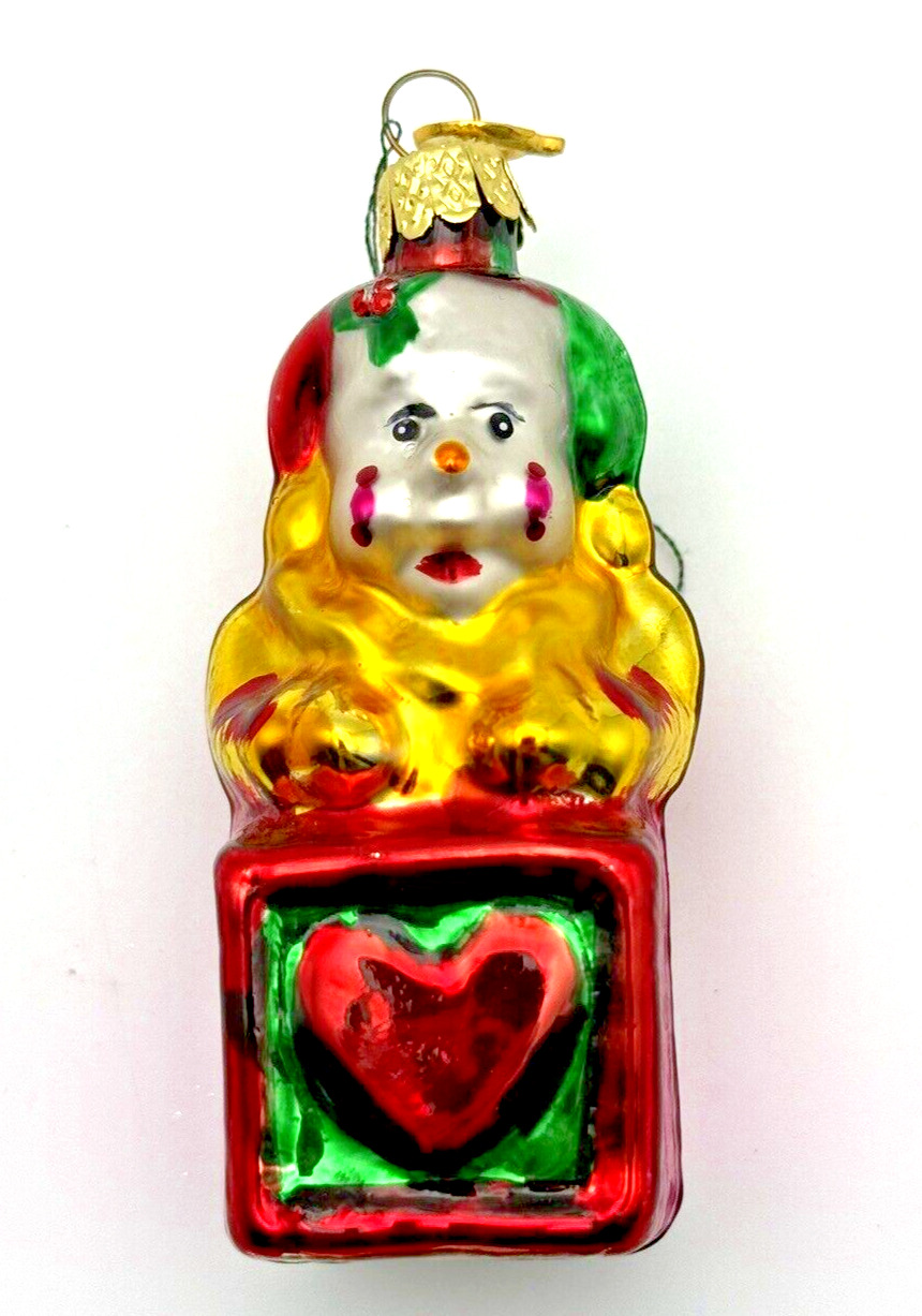 Vintage Kurt Adler Blown Glass Ornament Clown in Box with Hearts 3\