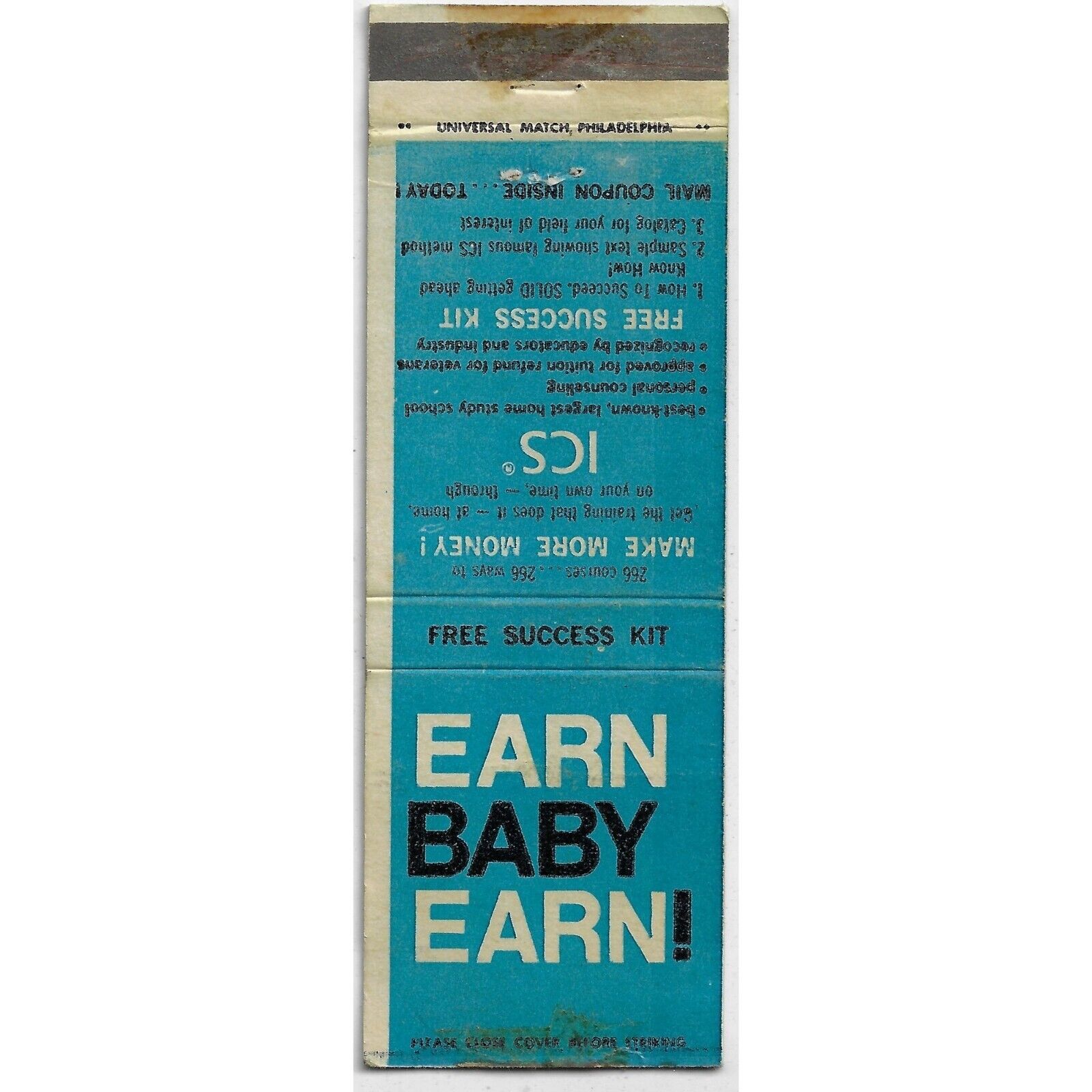 Earn Baby Earn Free Success Kit Correspondence Schools Empty Matchbook Cover