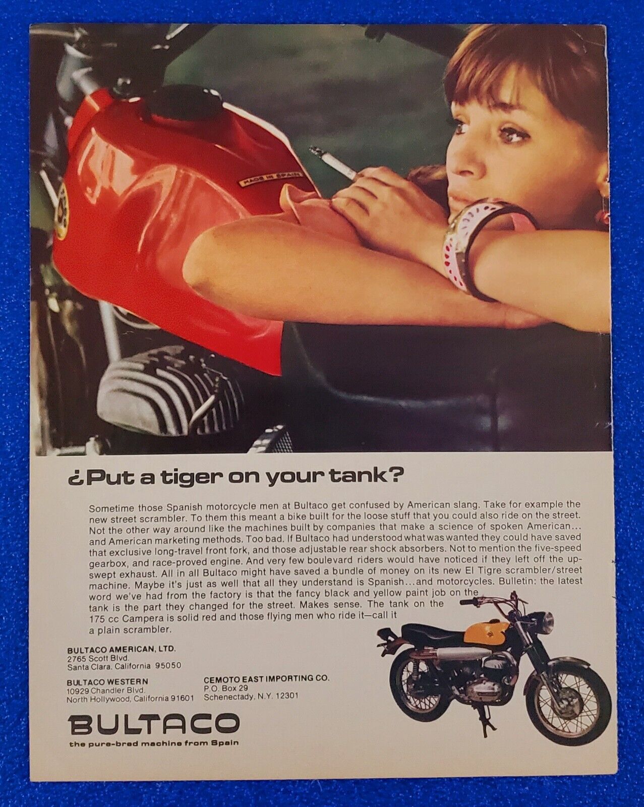 1968 BULTACO STREET SCRAMBLER MOTORCYCLE ORIGINAL COLOR PRINT AD 