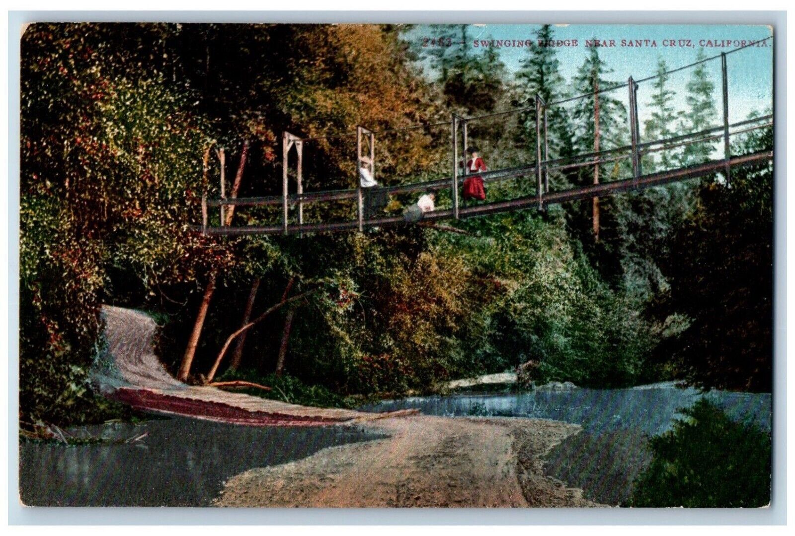 Santa Cruz California Postcard Swinging Edge Bridge Lake c1910 Vintage Antique
