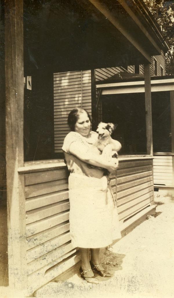 AB67 Vtg Photo WOMAN HOLDING PUPPY DOG c 1930\'s