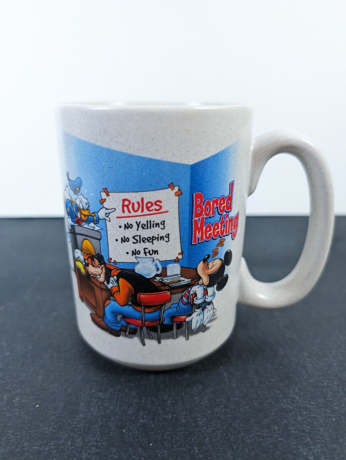 Vintage Walt Disney World Souvenir Tall Coffee Mug Bored Meeting Mickey Mouse