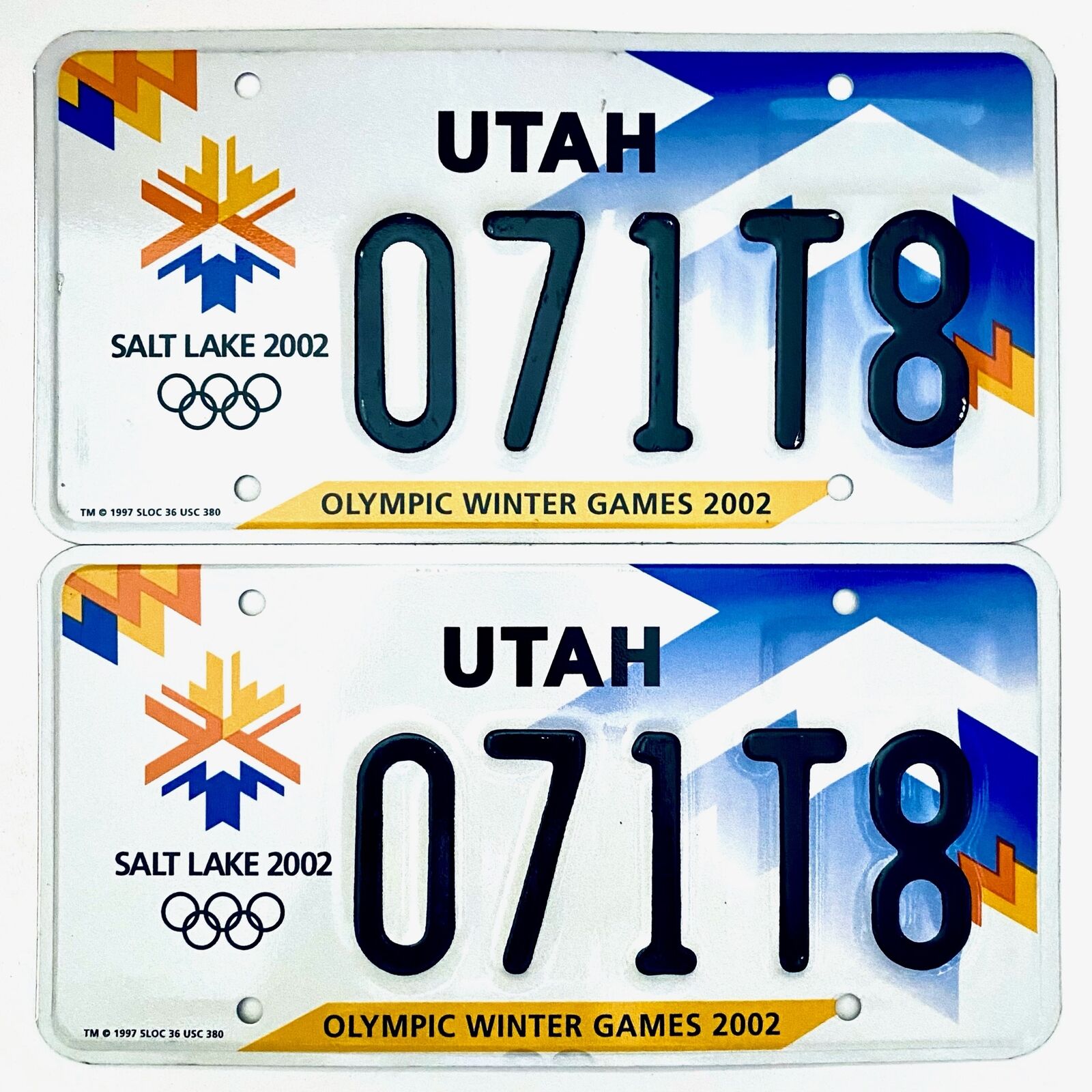 2002 United States Utah Olympic Winter Games Passenger License Plate 071T8