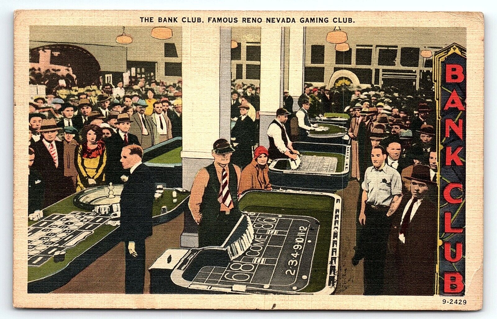 1930s RENO NEVADA BANK CLUB GAMING CASINO GAMBLING ART DECO LINEN POSTCARD P2133