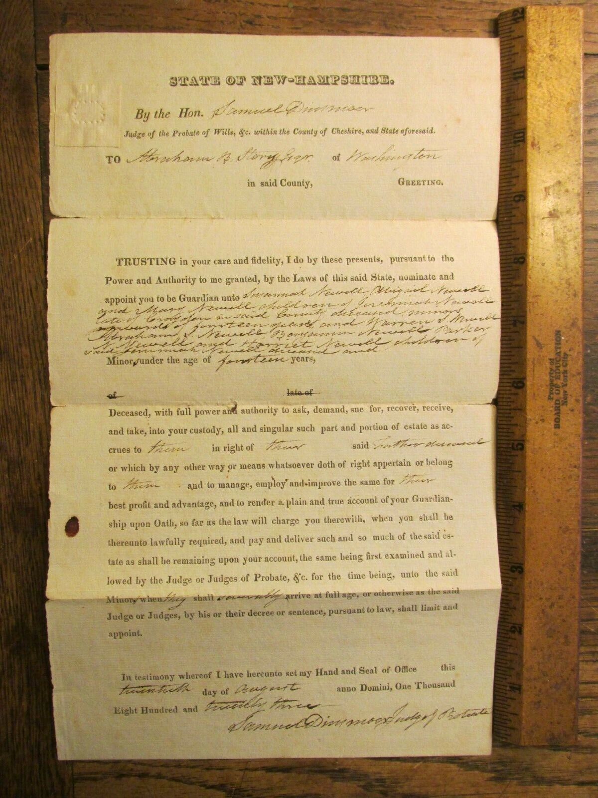 Antique Ephemera 1823 NH Legal Document SIGNED by GOVERNOR SAMUEL DINSMOOR 
