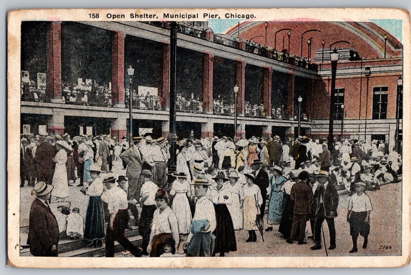 C1915 New Municipal Pier Open Shelter Crowded People Chicago IL Postcard