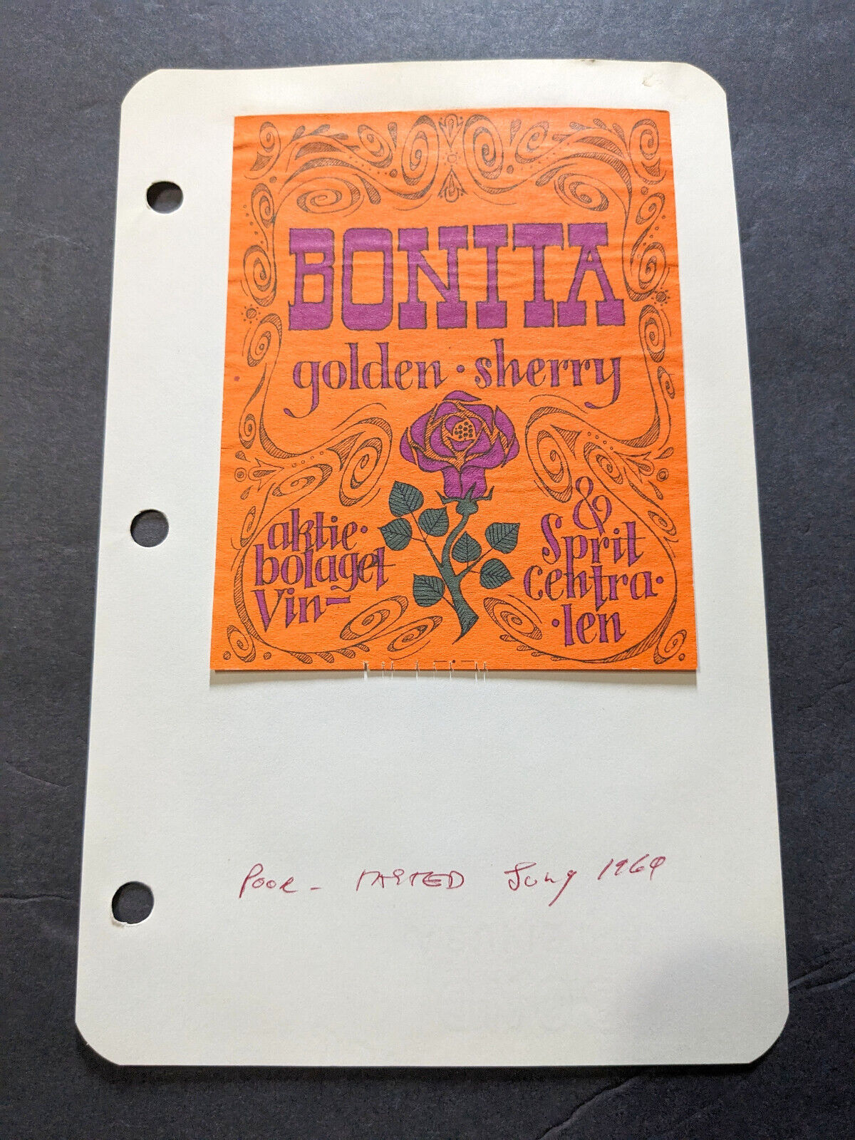 Vintage 1960s Bonita Golden Sherry Aktiebolaget Vin Sprit Centralen Label