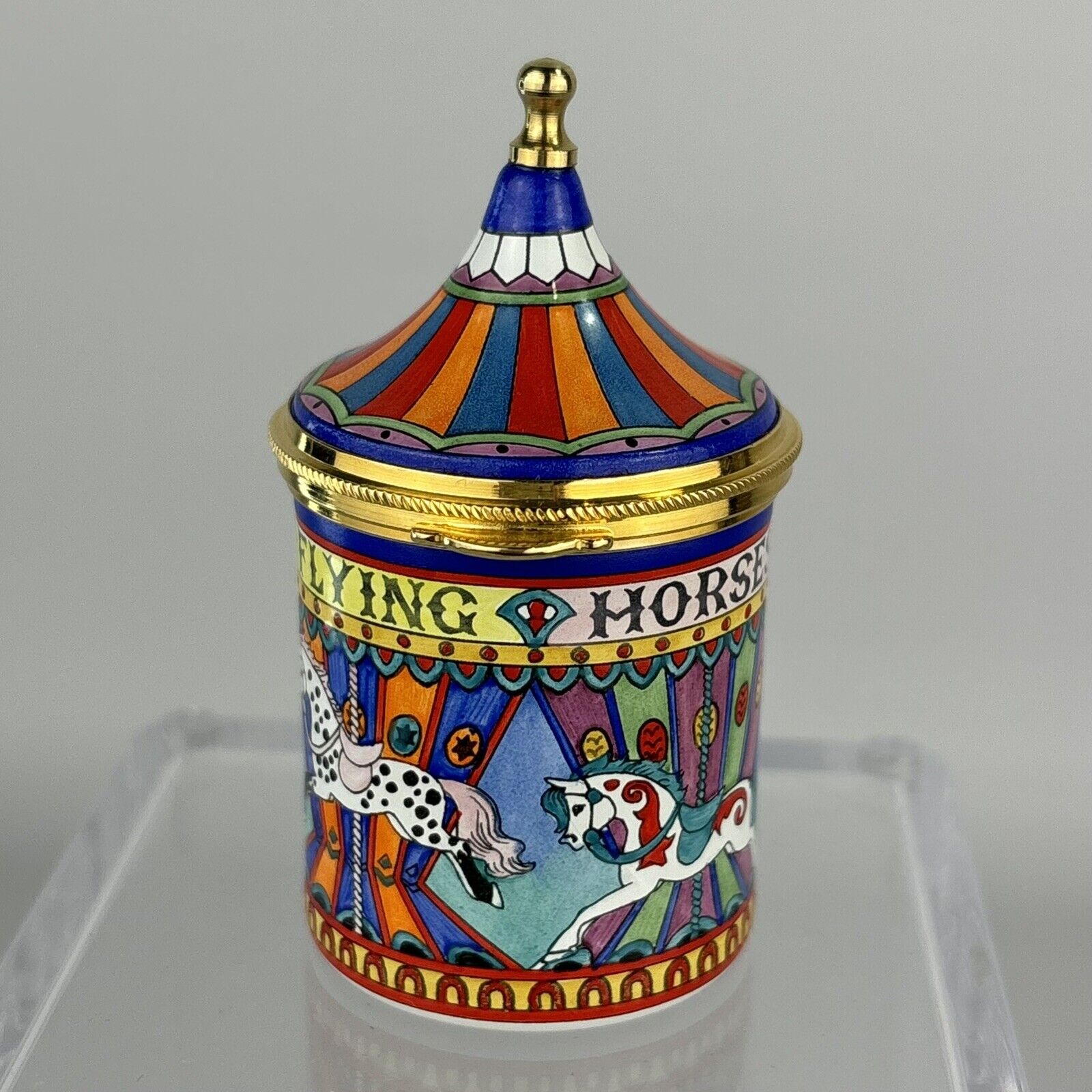 Staffordshire Enamels Circus Tent Flying Horses Trinket Box Hand-painted by M.D.