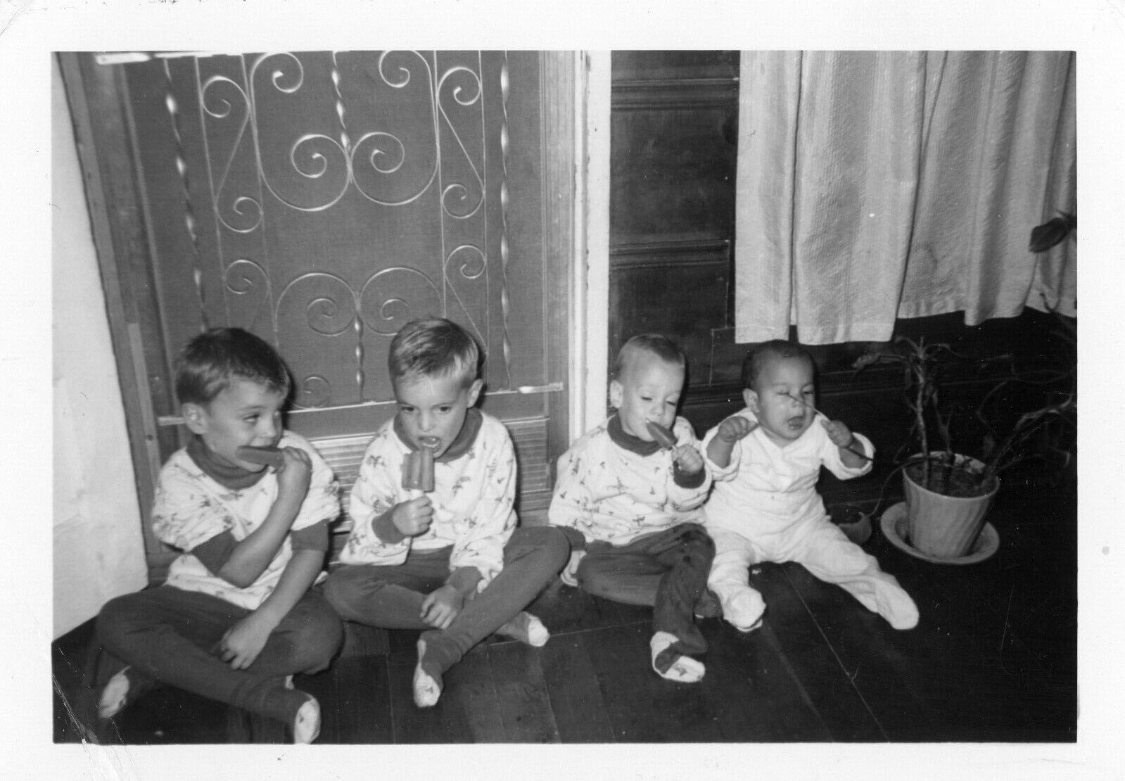 Vintage Photo Cute Little Boys Baby Eating Popsicles Ice Cream PJ\'s
