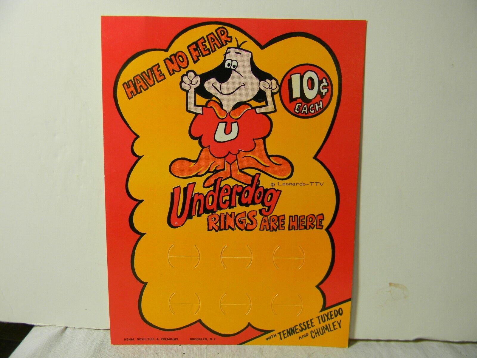 1960\'S UNDERDOG RINGS ARE HERE CHARM RING GUMBALL VENDING MACHINE CARD MINT
