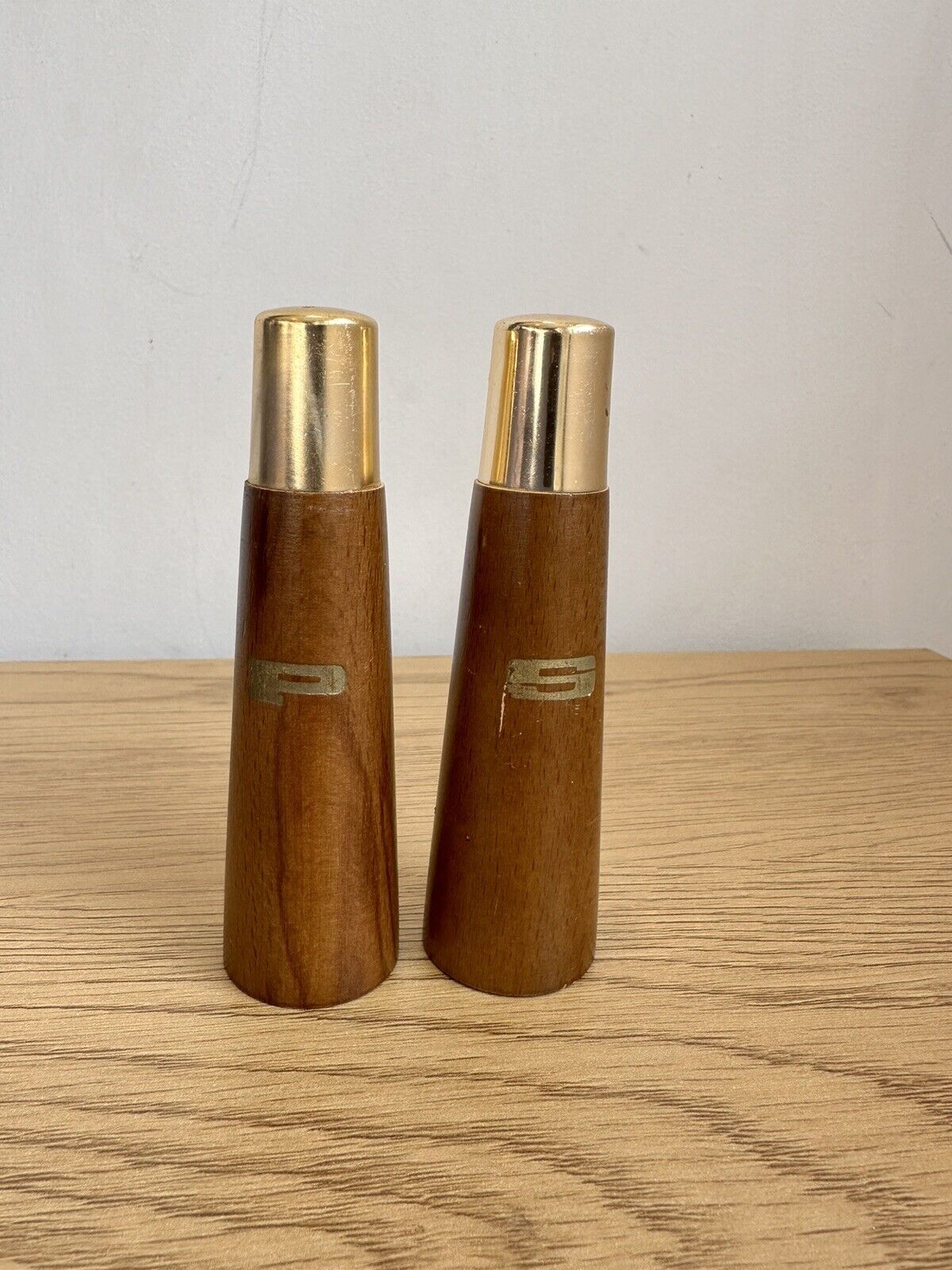 Vintage Salt And Pepper Shakers Wooden Gold Tipped