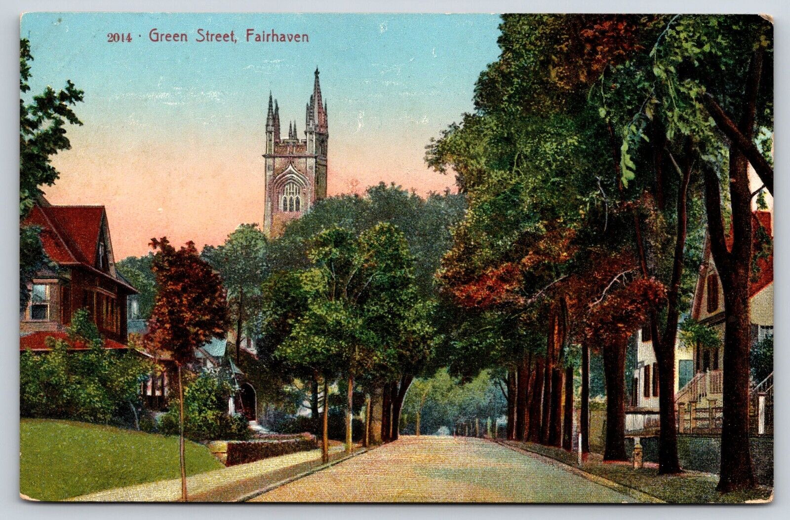 Original Vintage Antique Postcard Church Green Street Trees Houses Fairhaven, MA