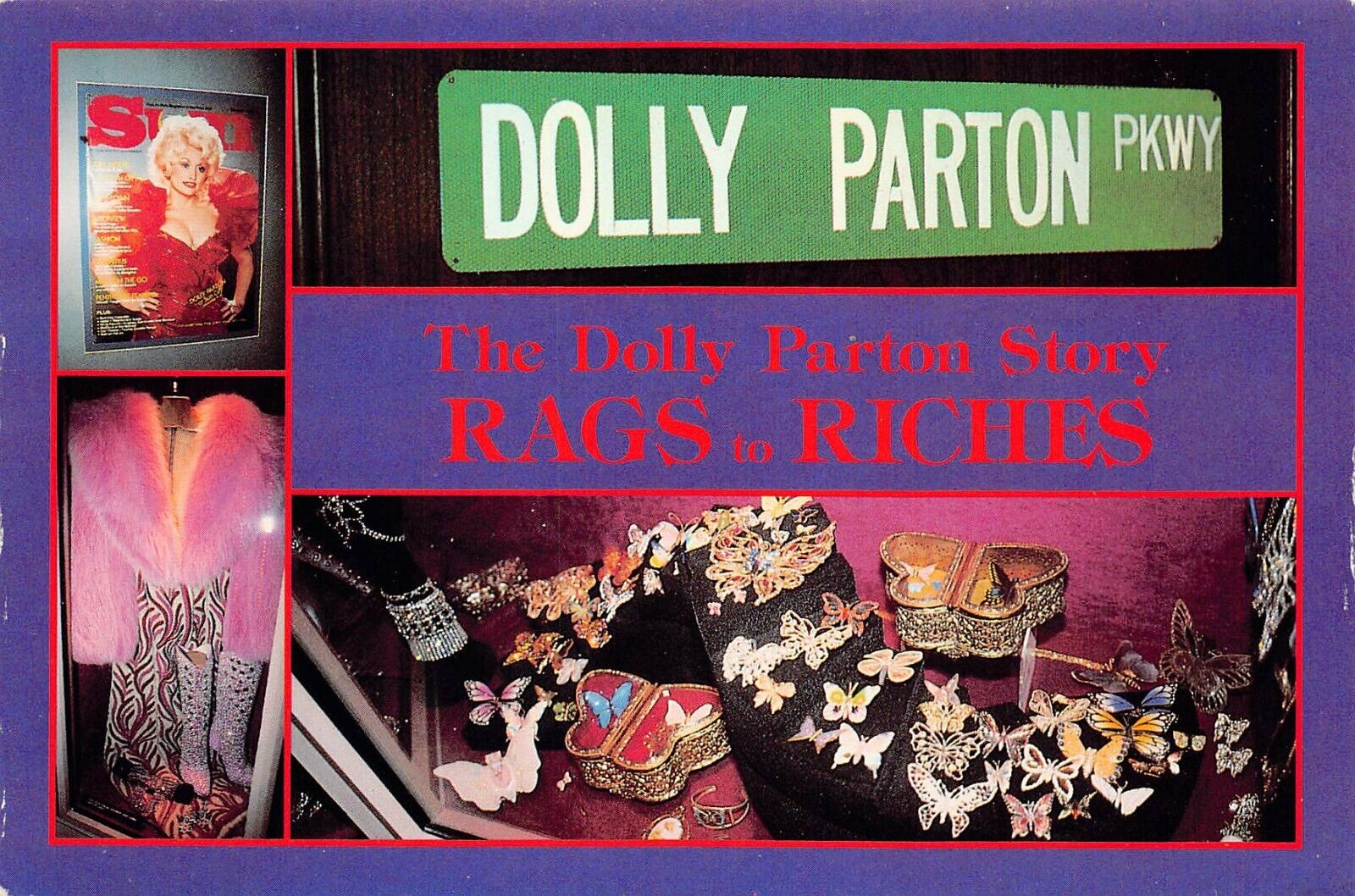 DOLLYWOOD Dolly Parton Museum Jewelry Boots Red Dress Fur 6x4 Vtg Postcard U9