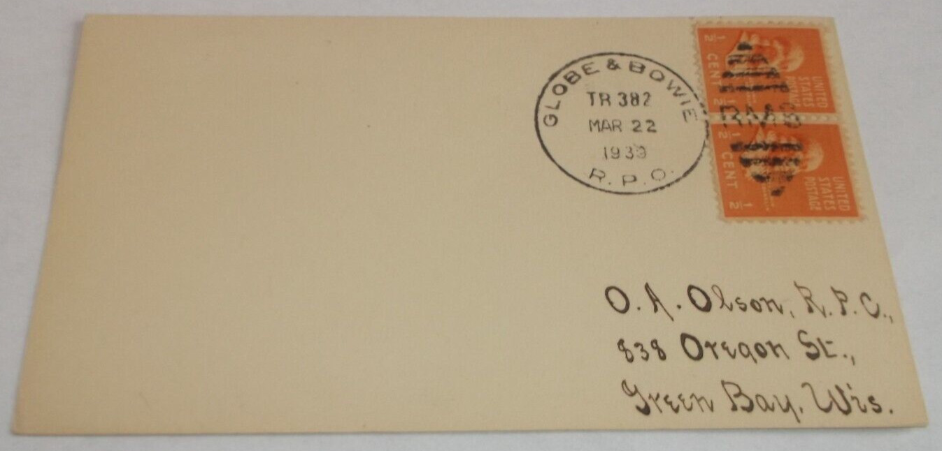 MARCH 1939 SOUTHERN PACIFIC TRAIN #382 GLOBE & BOWIE ARIZONA RPO POST CARD
