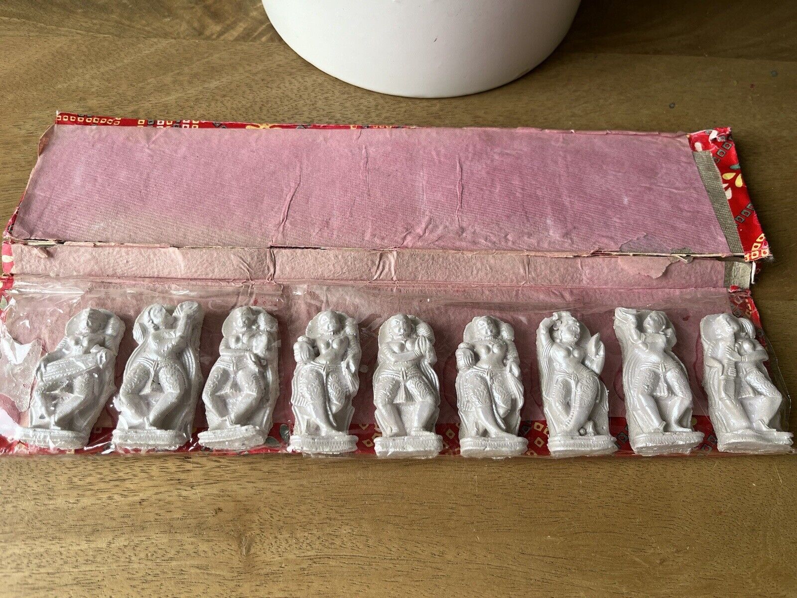 Set of 9 White Vintage Chinese Figurines in Red Box White Asian Collectibles