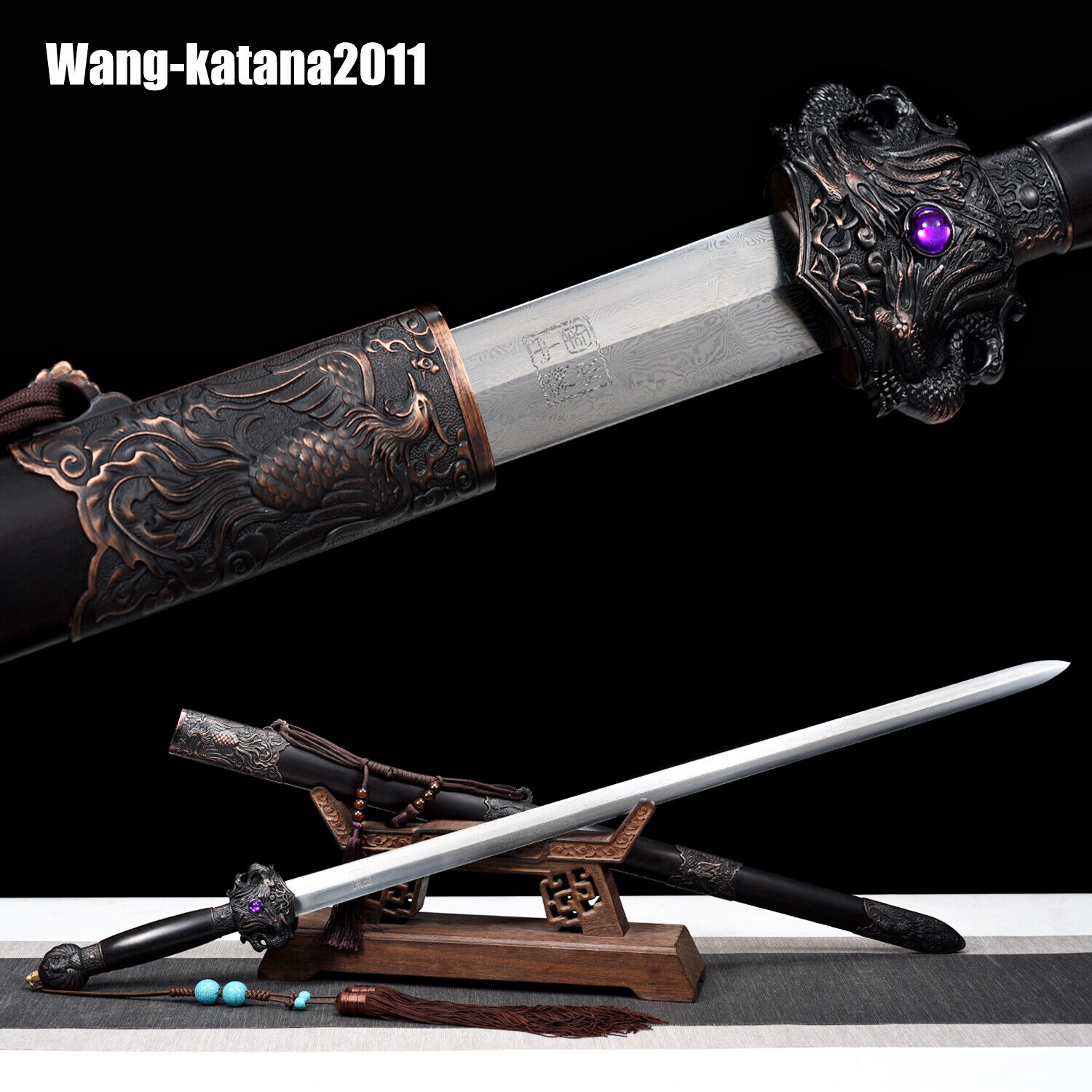 105cm Handmade Chinese Folded Steel Dragon&Phoenix Sword Ebony Qing Dynasty Jian