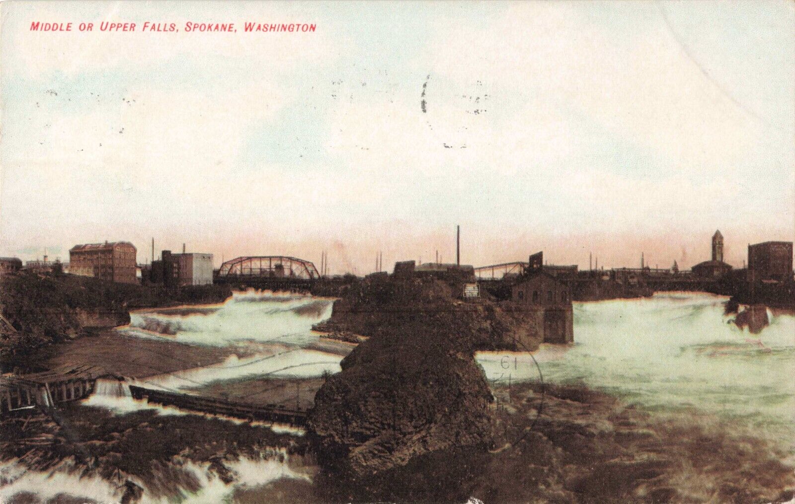 Spokane WA Washington, Middle of Upper Falls, Vintage Postcard